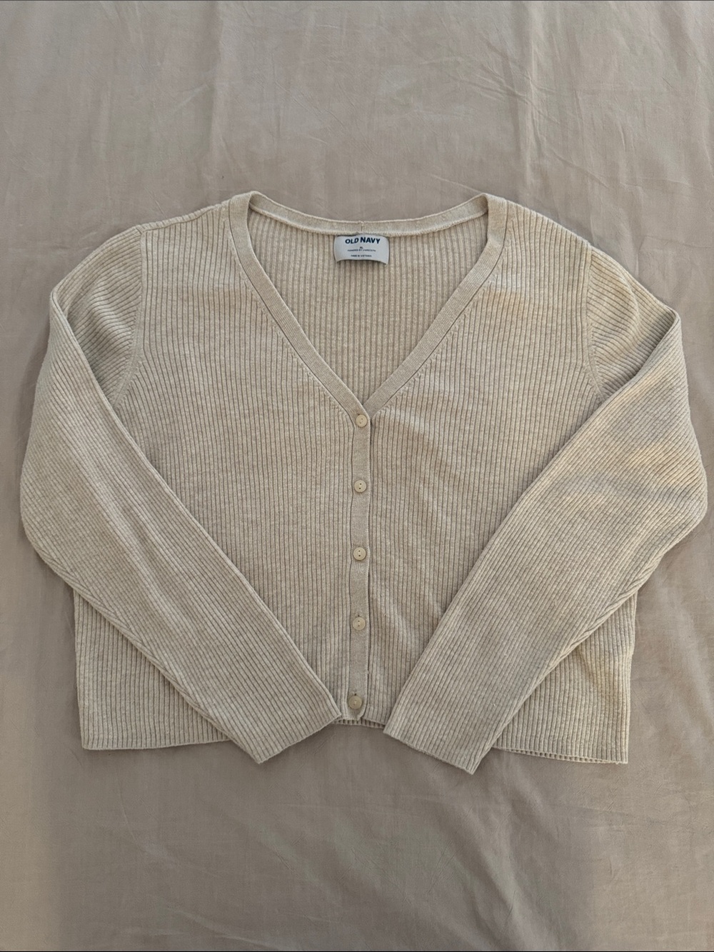 Old Navy Cream Ribbed V-Neck Cropped Cardigan